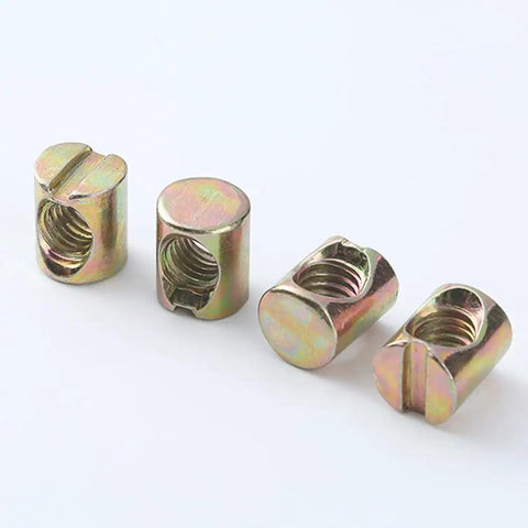 Four Heavy Duty M8 Barrel Nuts for Furniture Build offering lockdown grip, rustproof iron for secure wood joints.