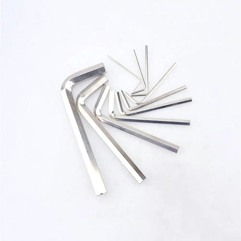 Super Cool 10 Pack L Shape Hex Wrench Set With Steel Hexagon Keys In Sizes Ranging From 1.5mm Up To 6mm For Quick Home Repair And Furniture Assembly Jobs Where Portability Is King. steel metric hex keys arranged on white background