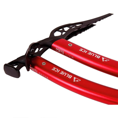 Akila Ice Axe Hammer For Alpine Climbing And Ski Mountaineering, Lightweight Durable Piolet with red chromoly head, close-up view
