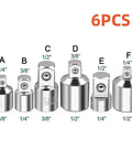 Front view of six chrome-vanadium steel socket adapter sleeves for ratchet wrenches; no assembly required.