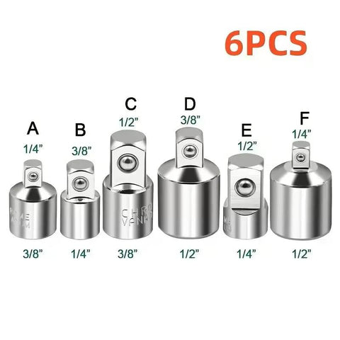Front view of six chrome-vanadium steel socket adapter sleeves for ratchet wrenches; no assembly required.
