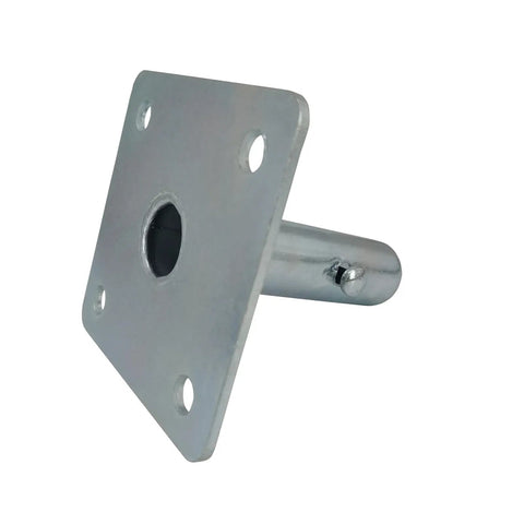 Four Pack Galvanized Scaffold Base Plates With Pins For Baker Style Scaffolding, Heavy Duty Stabilizers That Prevent Shake, 4 3 Fifths Inch Square Base, Stem OD 1 3 Eighth Inch, Stem Length 5 Inch, Fits Tubes Inside Diameter Over 1 3 Eighth Inch. Galvanized base plate with pin