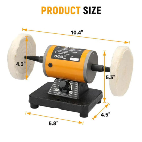 Pro Grade Heavy Duty Bench Buffer Polisher With Variable Speed Control Electric Buffing Machine dimensions 10.4 x 5.8 x 4.5 inches.