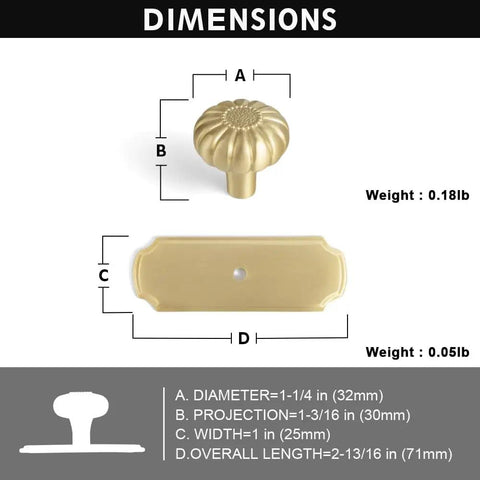 Solid Brass Cabinet Knob With Backplate Brushed Brass Pumpkin Drawer Pull dimensions with weight