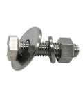 Side view of stainless steel bolt assembly with two nuts and flat and lock washers.