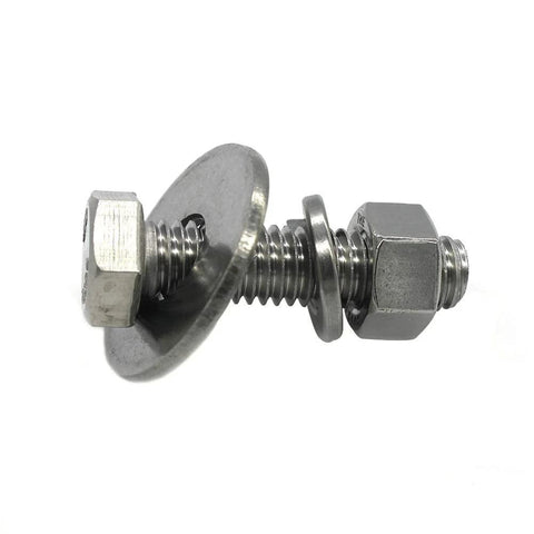 Side view of stainless steel bolt assembly with two nuts and flat and lock washers.