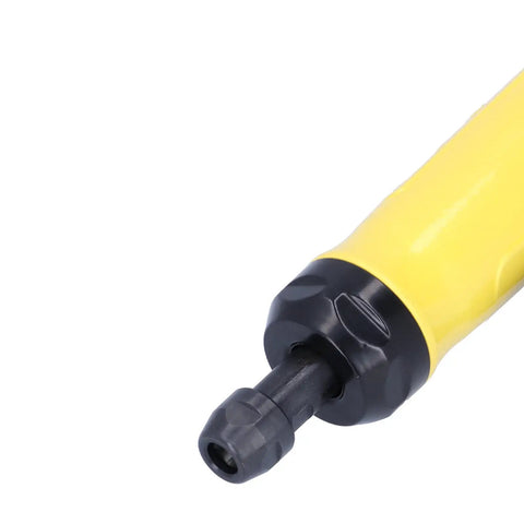 Close-up of Heavy Duty Mini Air Angle Die Grinder 22000 RPM Pneumatic Rotary Tool with black and yellow body.