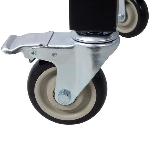 Close-up of locking caster on 48 Inch Heavy Duty Mobile Workbench With 2 Drawers Solid Rubber Wood Top Rolling Garage Table