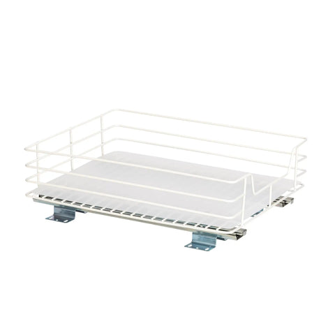 Super Durable Painted Steel Pull Out Pantry Basket With Non Stick Plastic Tray For Zero Hassle Cleanup And Totally Slick Modern Kitchen Cabinet Organization Setup In Crisp White