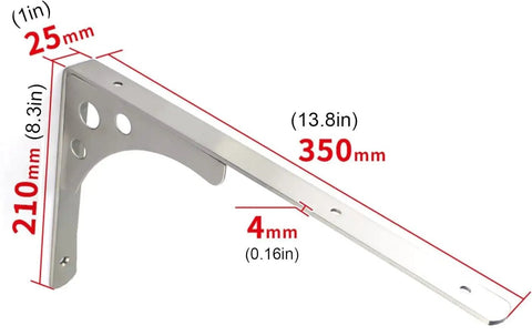 Heavy Duty Shelf Brackets Built Tough For Wall Mounted Floating Shelves Stainless Steel L Bracket 350mm size with measurements.