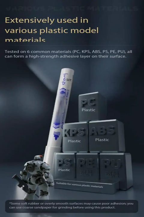 Action Figure Joint Reinforcement Glue Pen for Model Kits Toy Repair alongside plastic material cubes used for bonding.