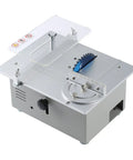 Ultra Compact Mini Electric Table Saw With Slick Angle Guide And Quick Lift Blade For Clean Wood Cuts Portable Workbench Tool DC Powered, top view showing precision features.