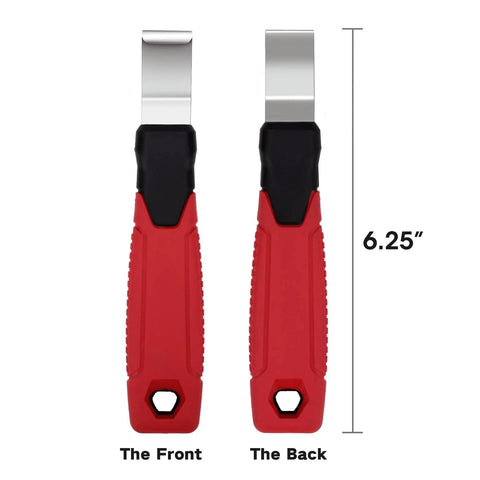 Vinyl Siding Removal Tool with extra long handle and curved tip, non-slip grip, front and back view, 6.25 inch size, red and black design.