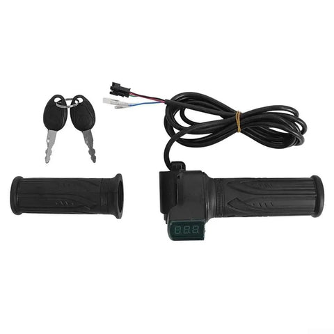 Upgrade Your Ride With This Smart LED Display Throttle Grip Pair Designed For 24-60V Ebike Systems Featuring Secure Lock-On Aluminum Clamps And Real-Time Battery Voltage Monitoring For A Safer And Smoother Electric Bike Journey No More Guessing What. black ebike throttle grip pair, 22.2mm clamp, with keys and LED voltage display