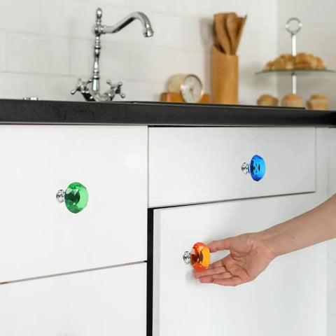 Twenty Two Pack Colorful Crystal Drawer Knobs 30mm Glass Dresser Knobs Cabinet Diamond Shape Pulls For Wardrobe Kitchen Bathroom Cupboard In 11 Colors on white cabinet