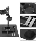 2 In 1 Hot Air Rework Stand With 65mm And 40mm Clamp, PCB Board Holder, Vertical SMD Clip, Pro-Grade Adjustable Height Via Fixing Bolt, Sturdy Metal Desoldering And BGA Rework Reballing Station For DIY Projects, shown with clamp details and base
