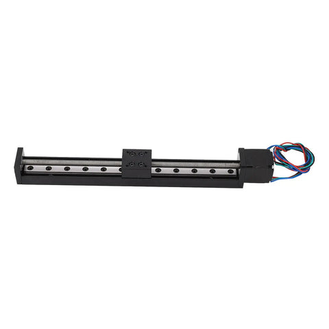 Heavy Duty Linear Guide Rail Slide Actuator Featuring Precision 200mm Stroke, smooth metal slide with motor connectors.