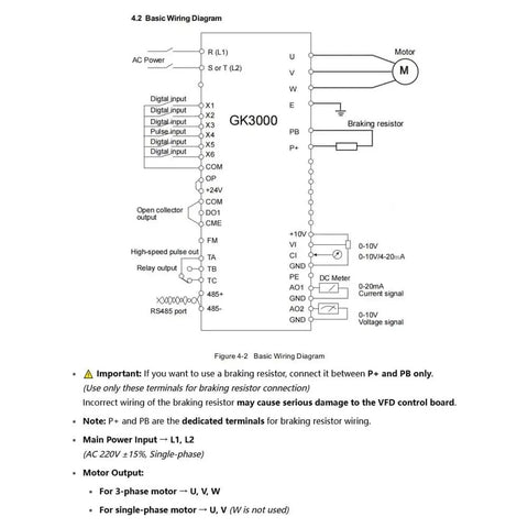 Wiring diagram of 7.5HP 5.5kW 1-Phase 220V VFD Variable Frequency Drive for Single Phase Motors