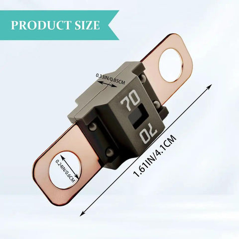 Top Shelf Midi Fuses 3 Pack 70 Amp Auto Electrical Safety Block dimensions with 70A rating, bolt-on design, and metal connections.