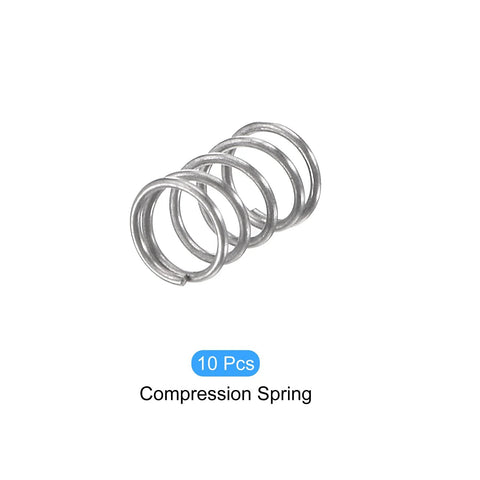 Ten 304 stainless steel compression springs, 0.3 mm wire, 3 mm OD, 5 mm free length, silver-tone