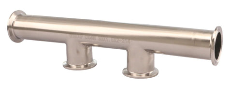 GOGOUP tri-clamp manifold side view, 1.5 in, 304 stainless, polished, 2-port with bottom outlets