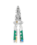 Heavy Duty Foldable Wire Stripper Tailored For Pro Electricians, compact electrical pliers with green grips and stainless steel design.
