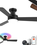 Slick 42 Inch RGB Ceiling Fan With Light Music Sync Smart Home Control. Black color, low profile, 3 blades, modern design for bedroom and living room.