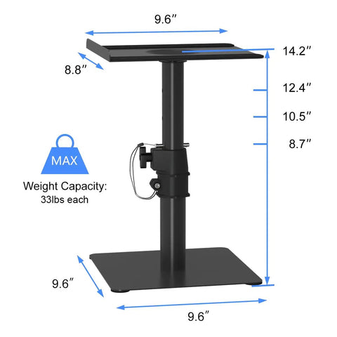 Two Pack Free Standing Universal Desk Speaker Stands That Are Rock Solid With 9.6 By 8.8 Inch Trays Height Adjustable Black Stand