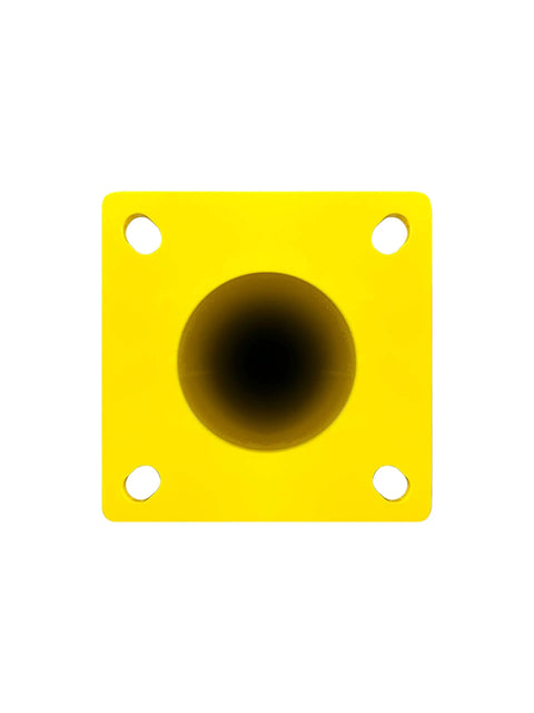 Top view of heavy duty steel bollard base with yellow finish, part of Heavy Duty Steel Bollards 42 Inches Tall With Yellow Black Reflective Tape And Concrete Fillable Core For Bulletproof Garage Boundary Shield And No Sweat Outdoor Install Kit.