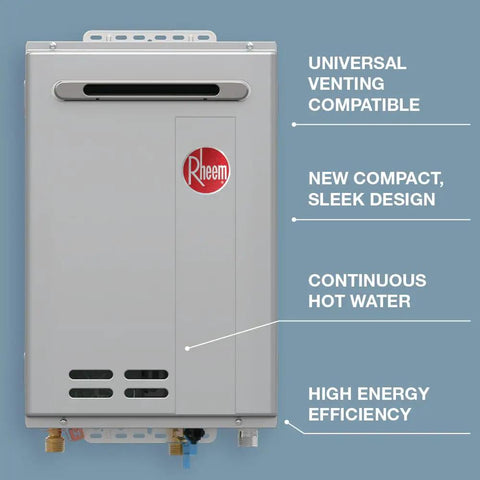 Heavy Duty Natural Gas Tankless Water Heater Cranks Out Smooth 8.4 GPM Flow For Whole House Needs And Straight Up 180K BTU Power For Outdoor Install delivering hot water with compact design.