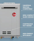 Heavy Duty Outdoor Natural Gas Tankless Water Heater 9.5 GPM 199900 BTU front view with sleek design and new features.