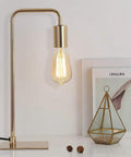 Gold Industrial Desk Lamp With E26 Base For Nightstand And Dorm Rooms, Small Metal Table Light, No Shade, Curved Tube Design