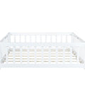 Full Size Floor Bed With Fence And Door For Toddlers And Kids, Safe Guardrails, Wooden Platform Bed With Rubber Wood Construction