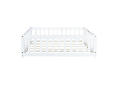 Full Size Floor Bed With Fence And Door For Toddlers And Kids, Safe Guardrails, Wooden Platform Bed With Rubber Wood Construction