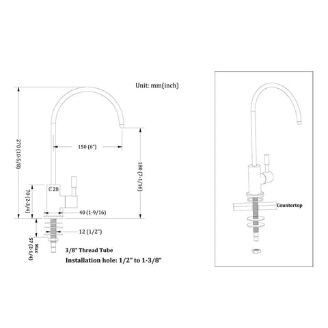 Technical drawing of Brushed Gold Drinking Water Faucet For Kitchen Sink With Reverse Osmosis Filter dimensions