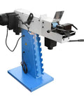 Commercial Workshop Prep Pro Shop Grade 3Hp Belt Sander For Knockout Heavy Duty Tube And Profile Metal Grinding With 4X78 Inch Sanding Belt On 220V 3 Phase side view of blue and white heavy-duty industrial sander