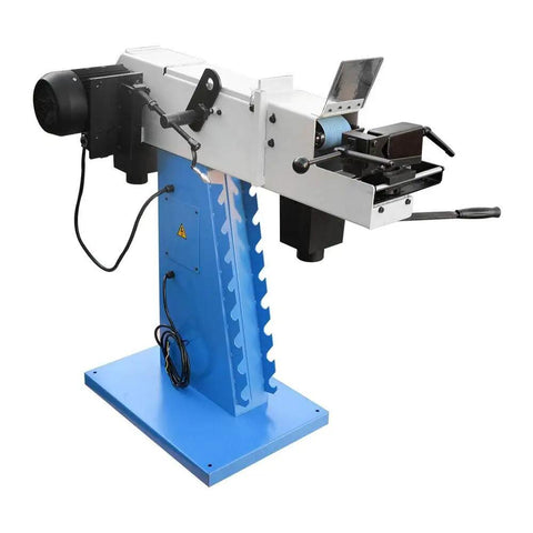 Commercial Workshop Prep Pro Shop Grade 3Hp Belt Sander For Knockout Heavy Duty Tube And Profile Metal Grinding With 4X78 Inch Sanding Belt On 220V 3 Phase side view of blue and white heavy-duty industrial sander