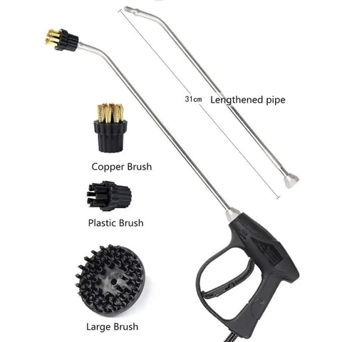 Accessories of Powerful 3200W Handheld Steam Cleaner with 5 Bar Pressure showing copper, plastic, large brushes, and lengthened pipe.