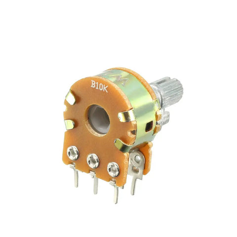 10K Ohm Dual Turn Rotary Potentiometers Set Of 10 Carbon Film Taper Variable Resistors For Spot On Adjustments And Solder Friendly Electronics Projects 6.7mm Thread Diameter, showing potentiometer details with knurled shaft.