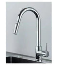 Black Pull Out Deck Mounted Flexible Hot Cold Stream Shower Modes Nozzle Faucet in polished chrome finish, side view.
