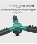 Close-up of 360 Degree Rotating Garden Sprinkler For Yard And Lawn, Automatic Sprinkler With Wide Area Coverage showing propeller design.