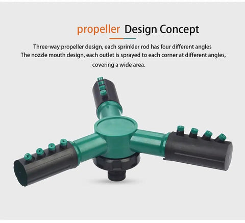 Close-up of 360 Degree Rotating Garden Sprinkler For Yard And Lawn, Automatic Sprinkler With Wide Area Coverage showing propeller design.