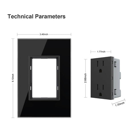 Technical diagram of Tempered Glass Duplex Electrical Outlets 15A 110 to 220 Volts 4 Pack With Grounding Protection and Dirt Proof Panel