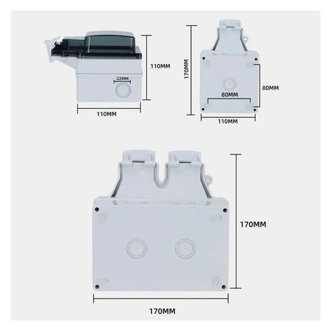 Smart Dual WiFi Socket With IP66 No Sweat Weather Shield For Indoor Outdoor Power dimensions with measurements on a light gray background.