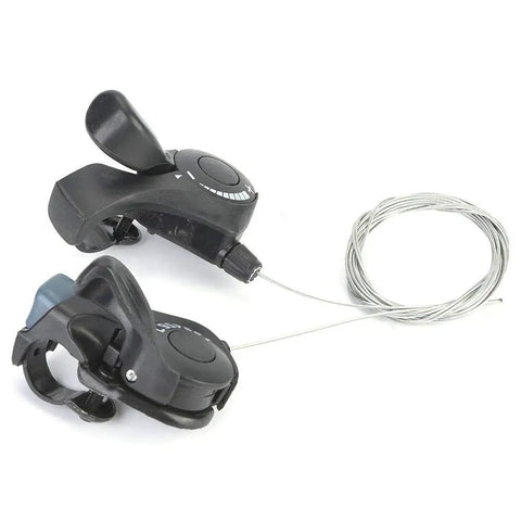 7 Speed Thumb Gear Shifters Set For Mountain, Road, City And Folding Bikes, 3x7 Right Lever With Joystick Downshift, Left Thumb Friction And Ratchet, Includes Inner Shift Cables, One Pair on white background.