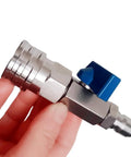 High-pressure washer ball valve, side view with blue lever, stainless steel body, 3/8-inch quick-connect fittings