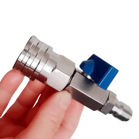 High-pressure washer ball valve, side view with blue lever, stainless steel body, 3/8-inch quick-connect fittings