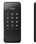 Touchscreen Smart Door Lock With Keypad And Bluetooth Motorized Deadbolt One Tap Entry Easy Setup Remote App Control See Who Entered And When 20 Unique Access Codes Black DB1 in three views, side, front, and angled, black finish.