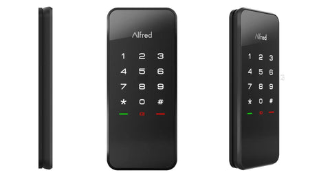 Touchscreen Smart Door Lock With Keypad And Bluetooth Motorized Deadbolt One Tap Entry Easy Setup Remote App Control See Who Entered And When 20 Unique Access Codes Black DB1 in three views, side, front, and angled, black finish.