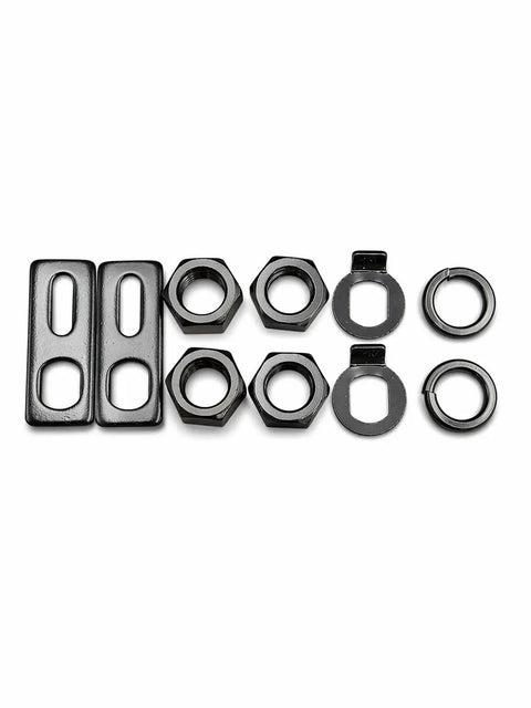 M16 Torque Arms For Electric Wheel Hub Motors, Slotted Axle Nut Hardware Kit, Corrosion Resistant Black Painted Steel, Includes Locking Nuts, Compatible With QS, Yuma, And Sotion Hub Motors. Black steel torque arms, nuts, and lock washers set